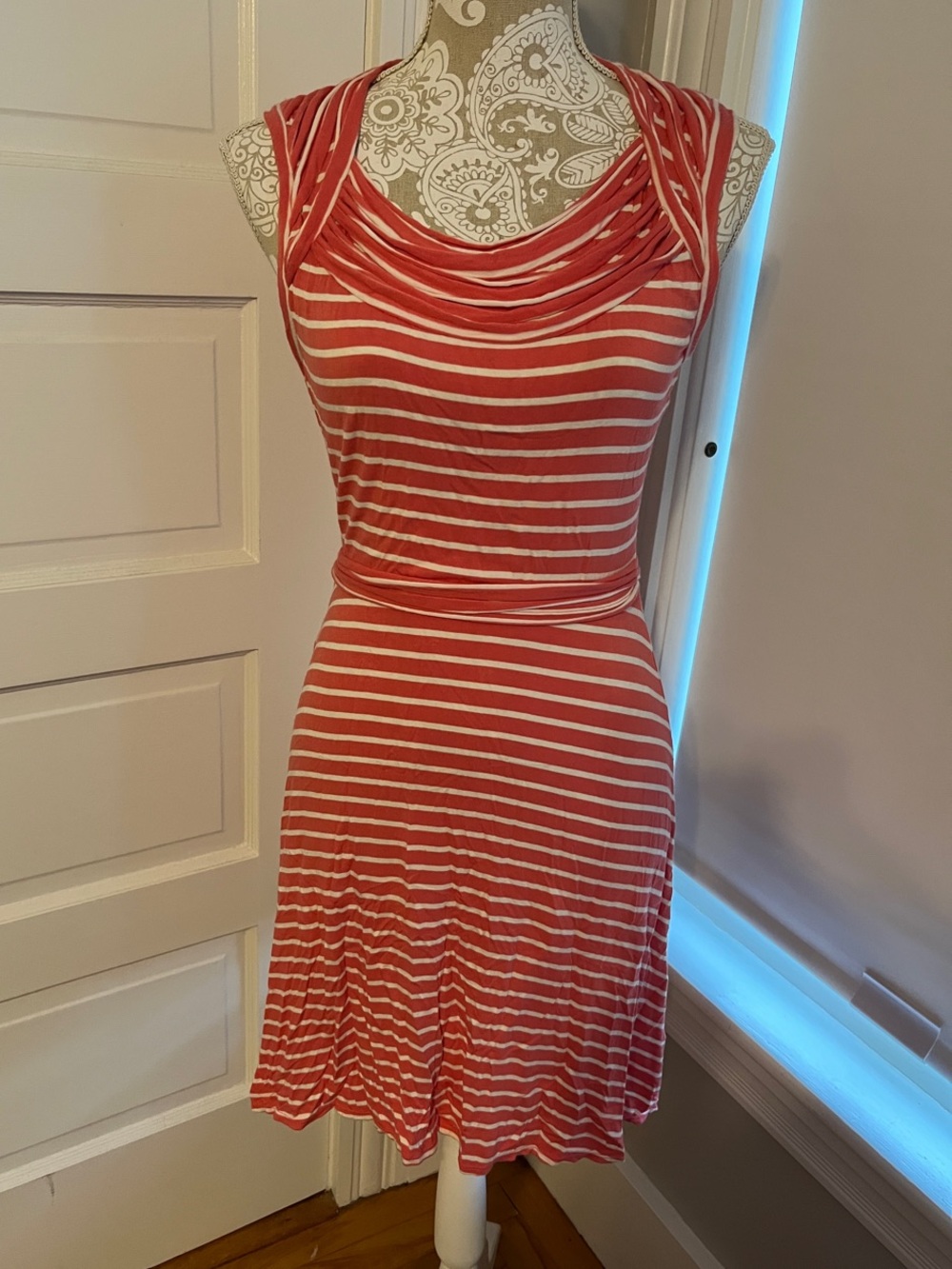 Size M Max Studio Coral and White Striped Sleeveless Cowl Dress. Salmon Pink